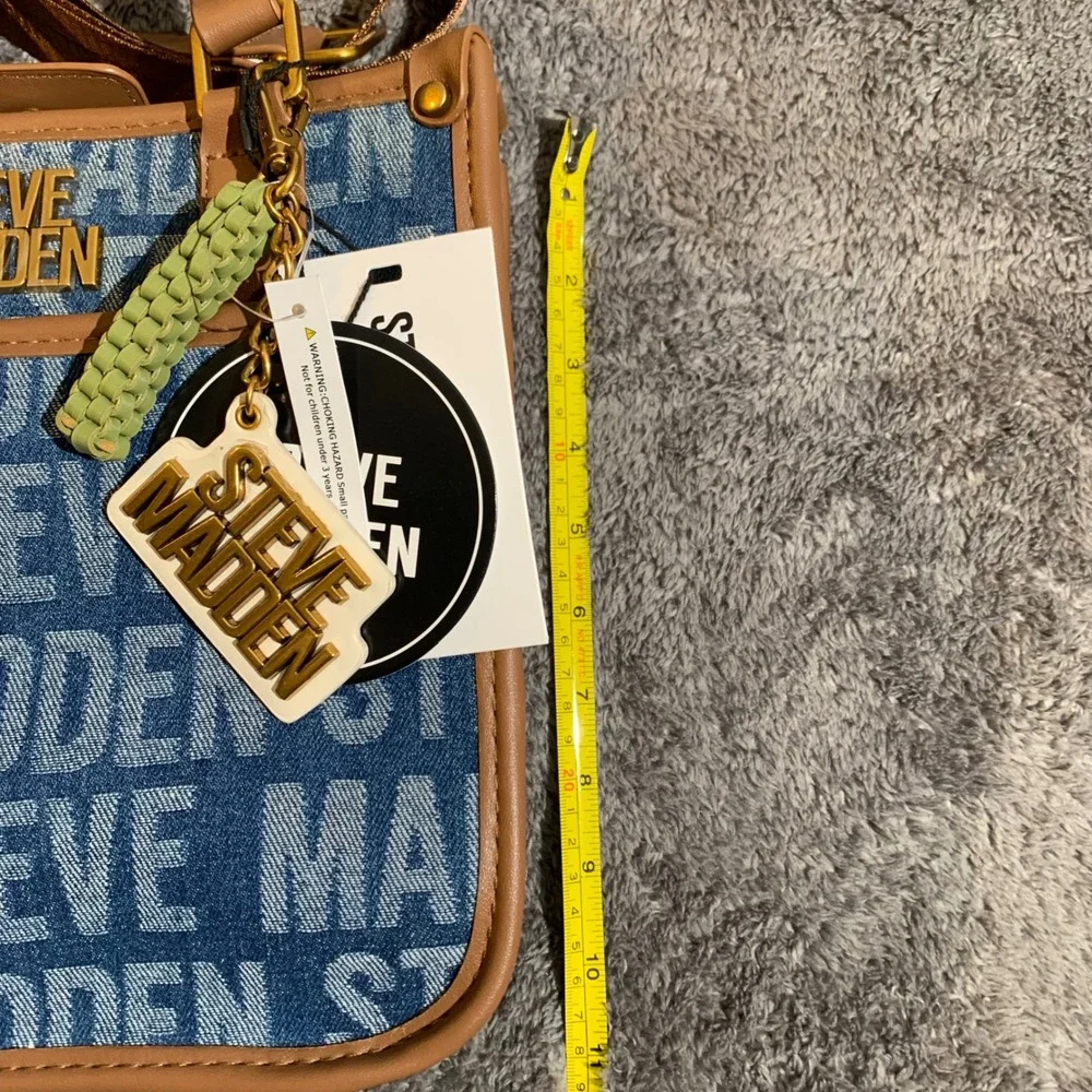 Steve Madden Womens Logo Print Denim Crossbody Bag Mini Tote Tan Blue NWT - Picture 6 of 9